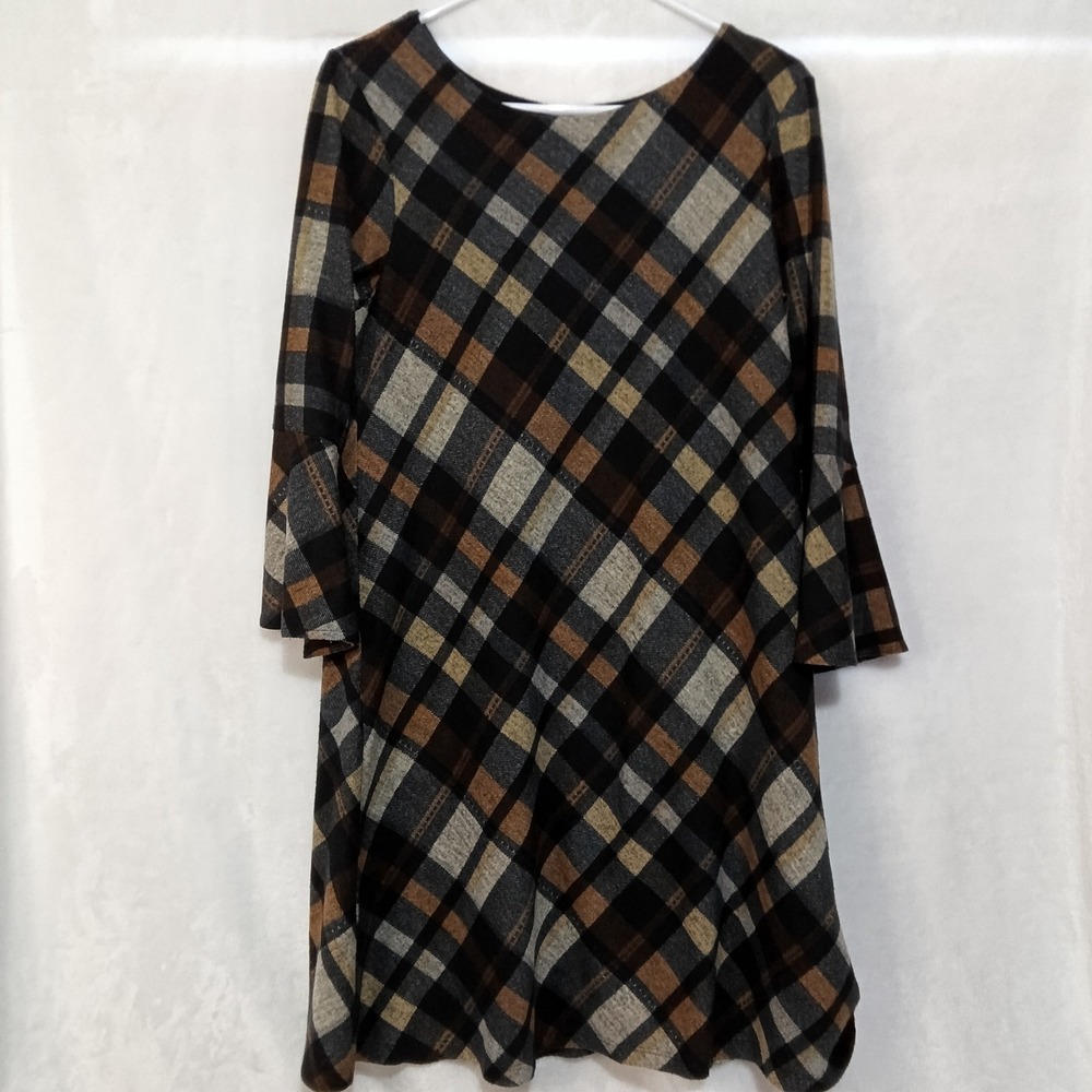 JH Jessica Howard Brown Black Plaid Bell Sleeve Shift Dress Large
